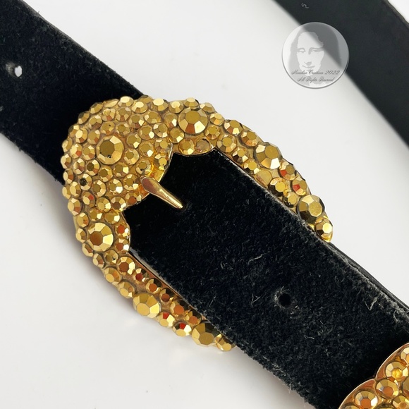 Michael Morrison Belt Embellished Gold Rhinestones Black Suede Leather Vintage main image 10